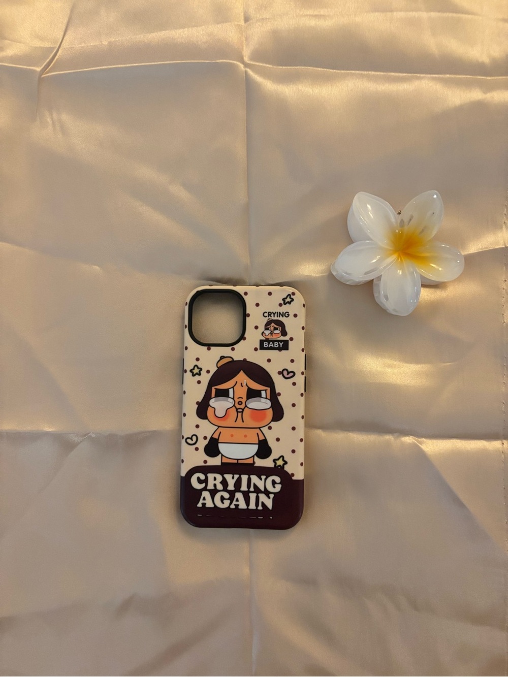 Cute 'Crying Again' Cartoon Phone Case - Beige & Brown